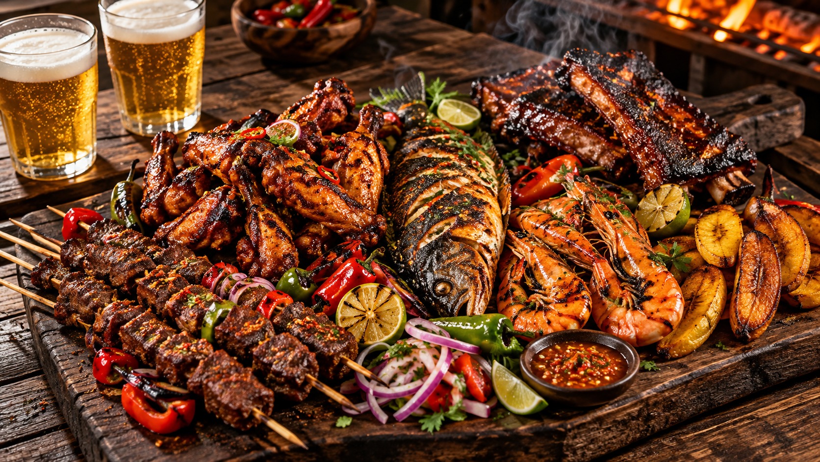 Original barbecue concept with suya skewers, chicken, grilled fish, prawns and plantain