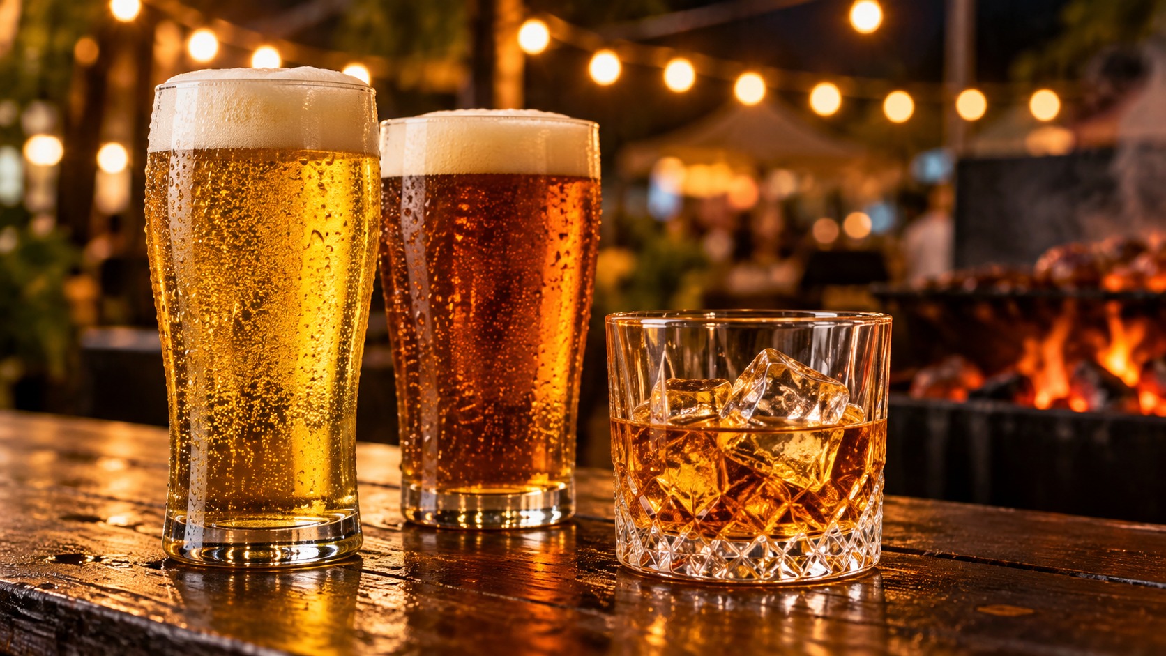 Unbranded chilled lager and amber beer glasses with an amber spirit glass