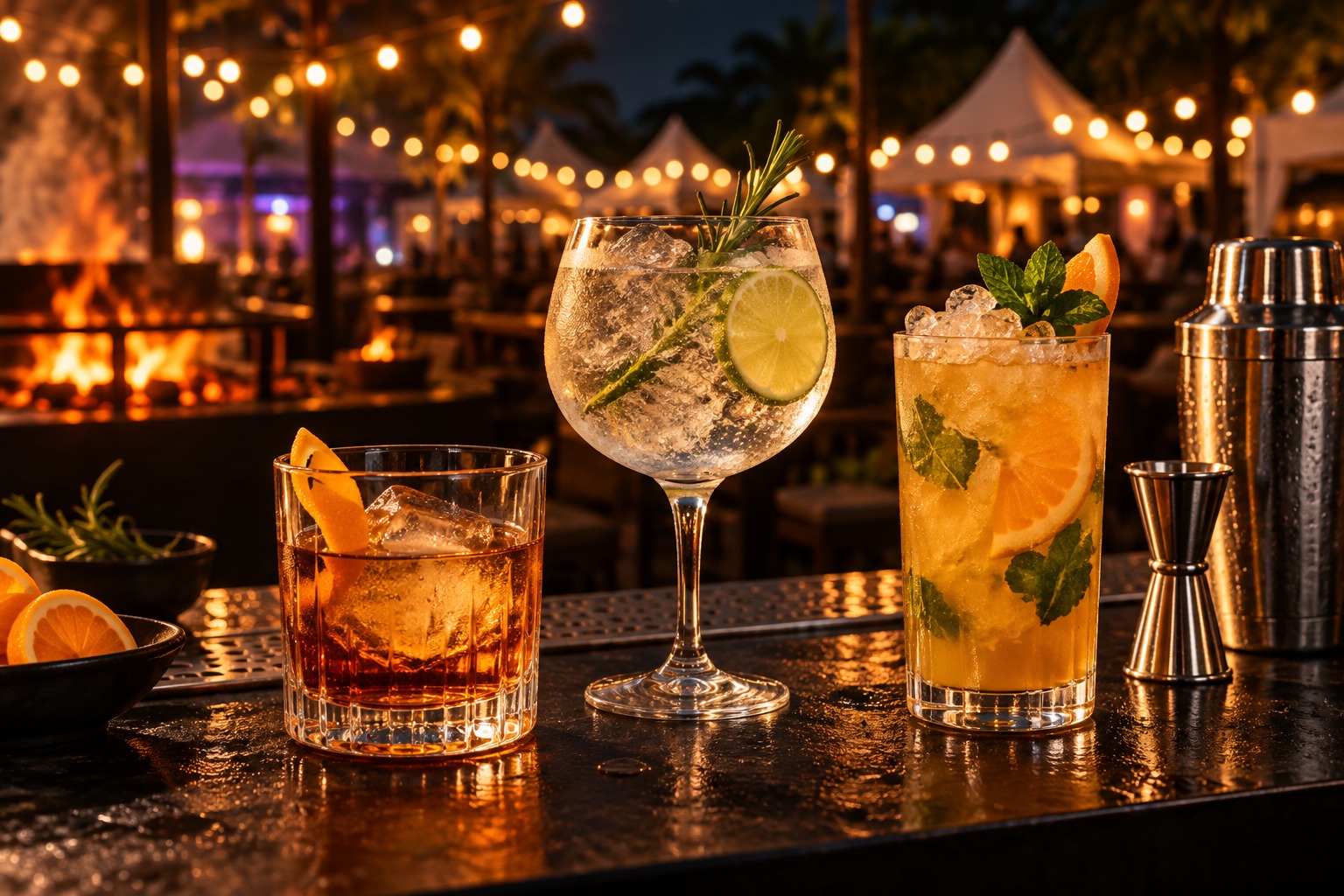 Unbranded old fashioned, gin and tonic and rum cocktail on a warm festival bar