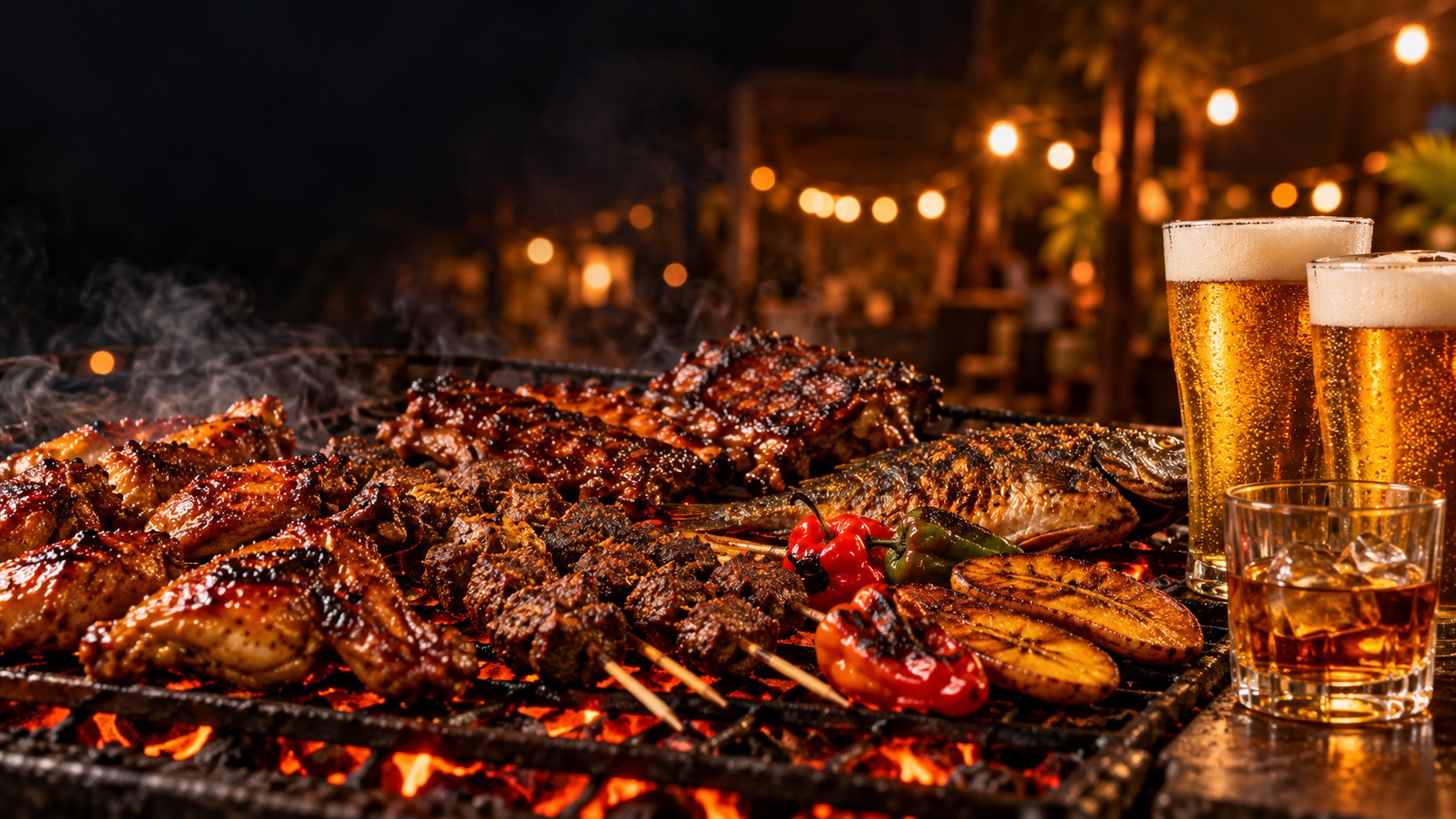 Campaign concept of sizzling barbecue, chilled beer and an unbranded spirit glass