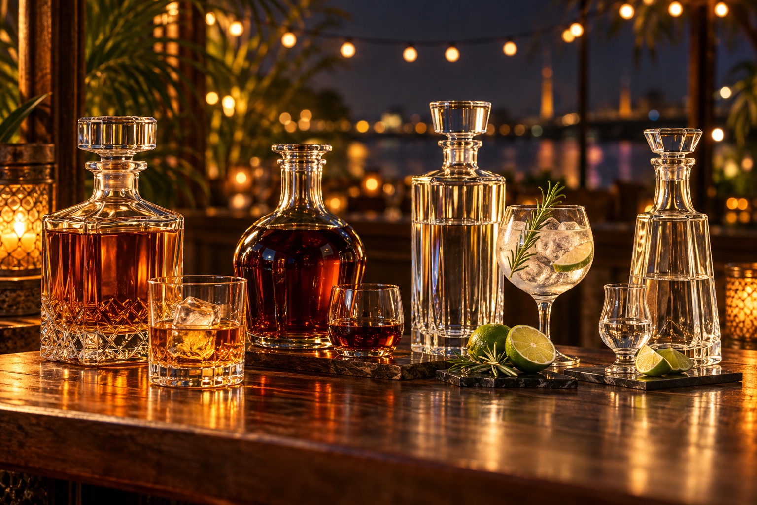 Unbranded whisky, rum, gin and tequila decanters with tasting glasses